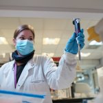 Photos of a woman conducting research in a clinical laboratory