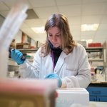 Images of a woman conducting research in a clinical lab