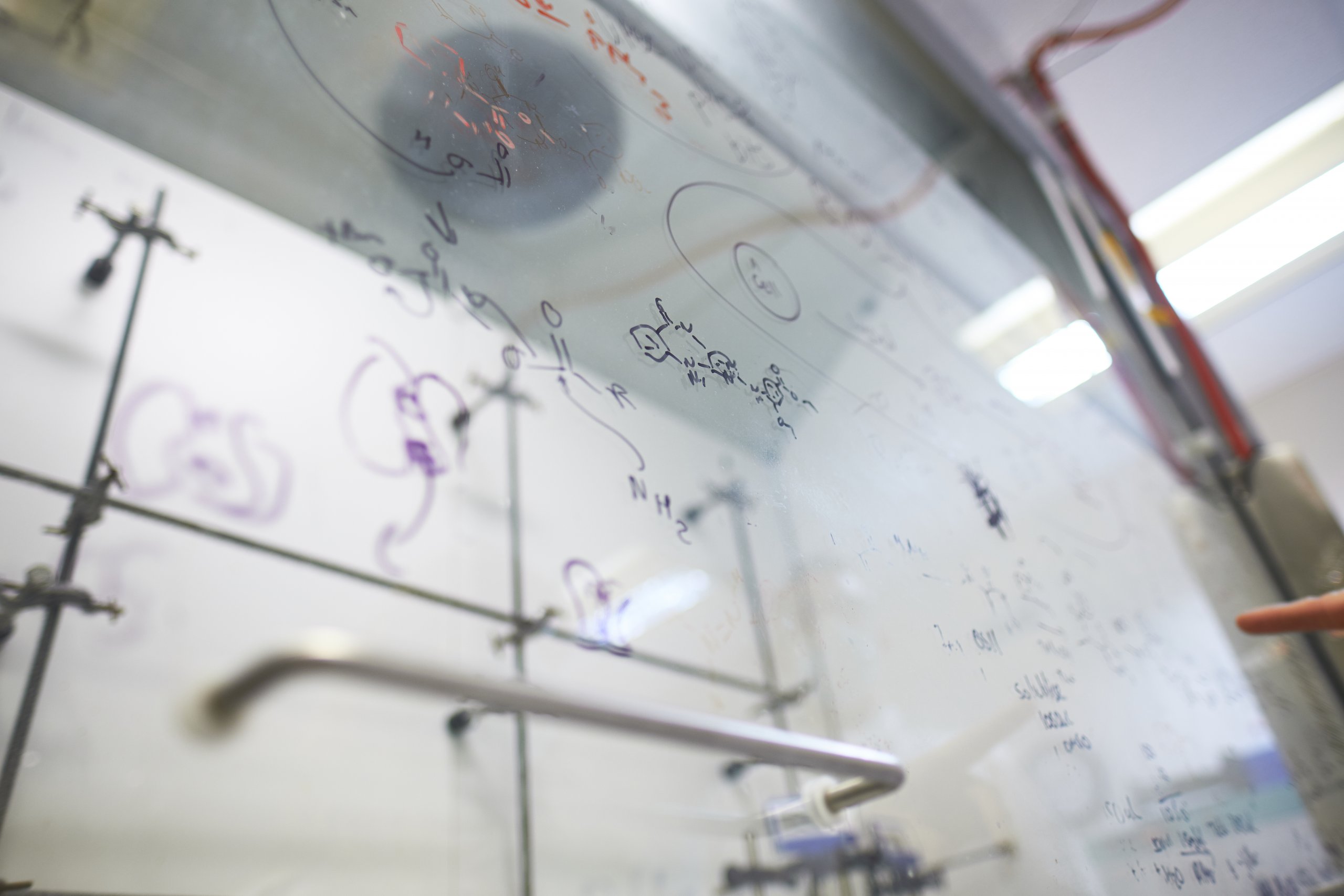 Pen workings on the glass screen on a fume cupboard