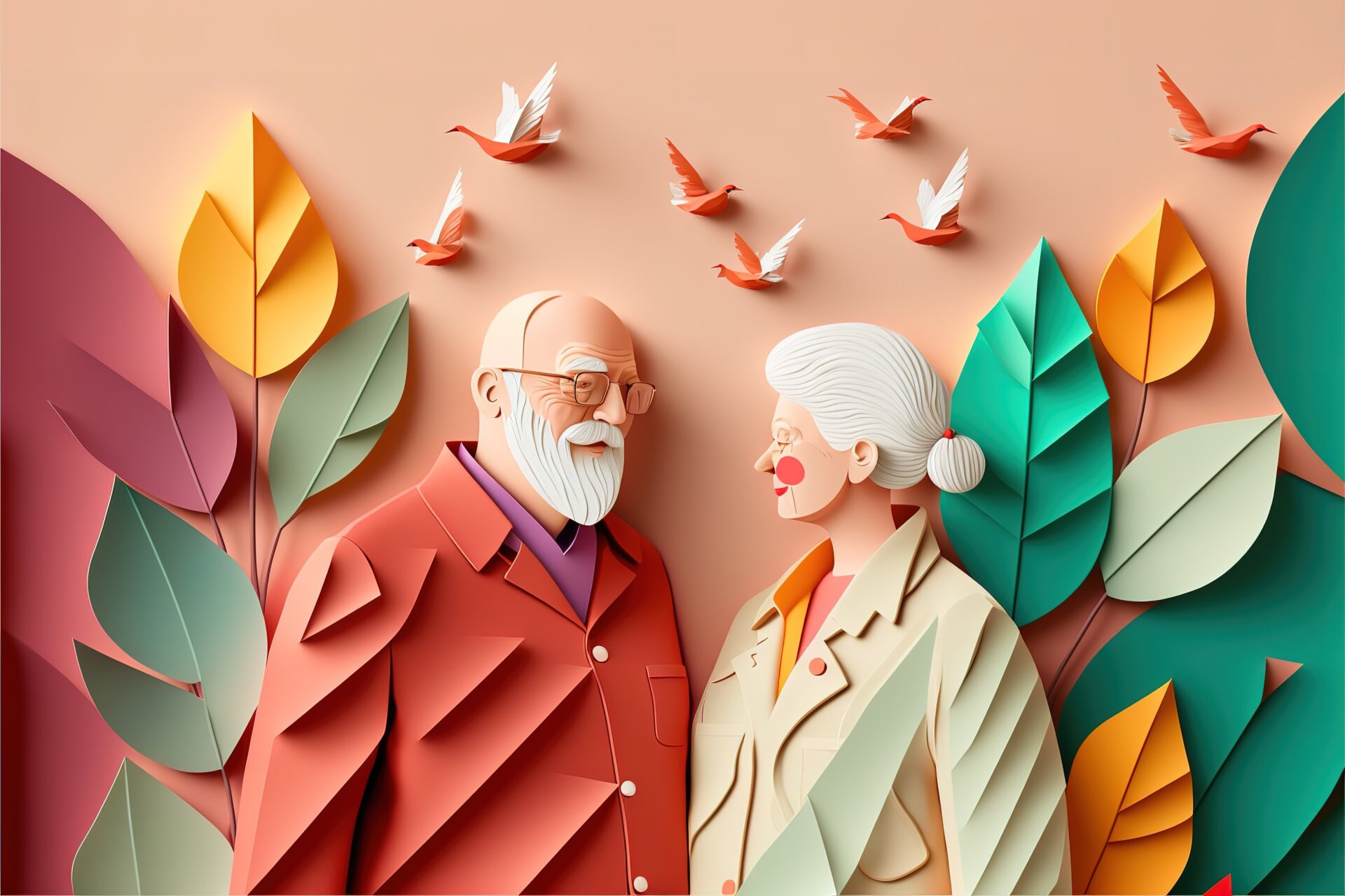 Illustration of two elderly people made out of origami, smiling at each other