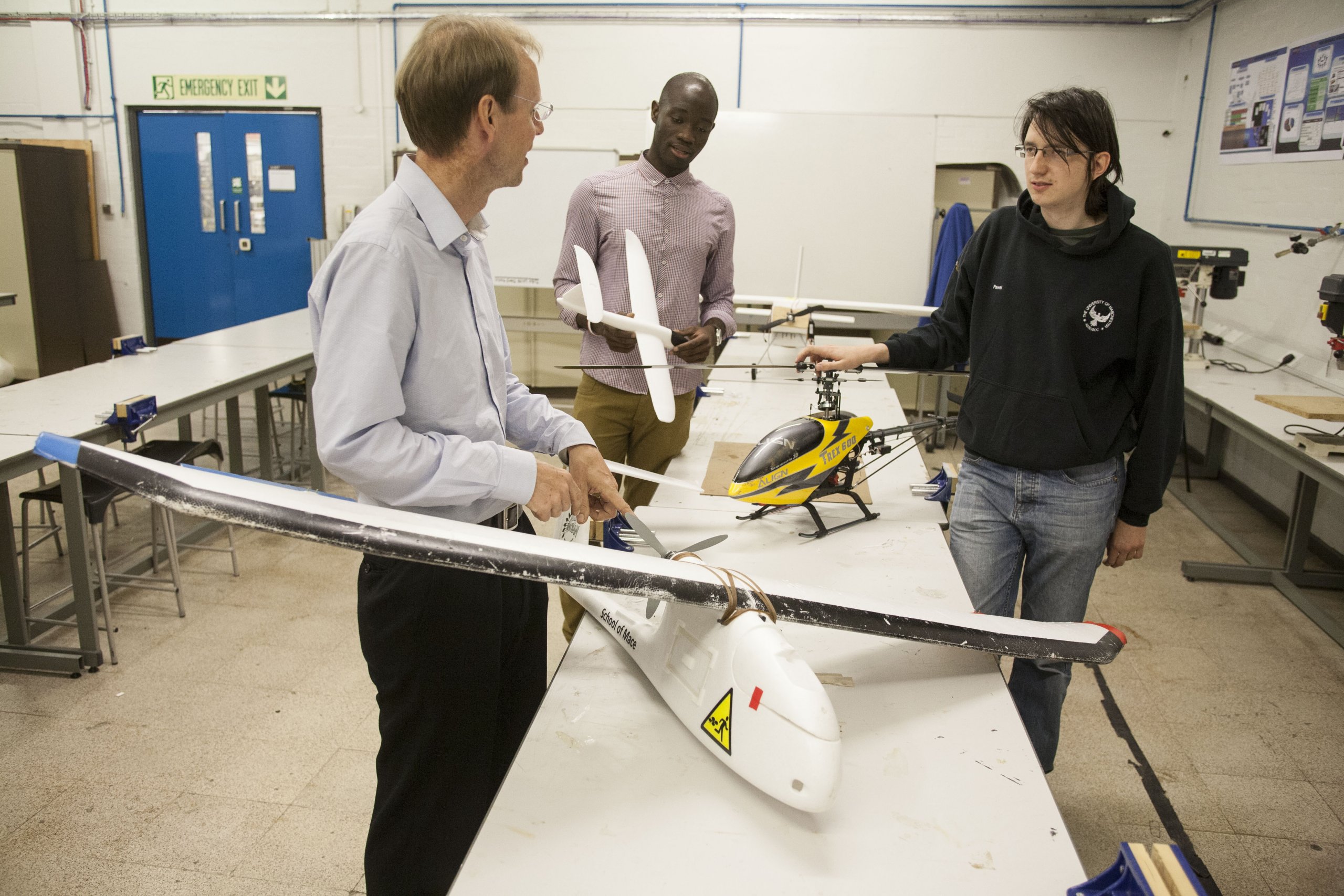 Researchers working on drone prototypes.