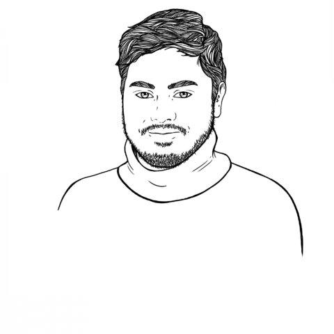 Line drawing illustration of man with beard and roll neck jumper