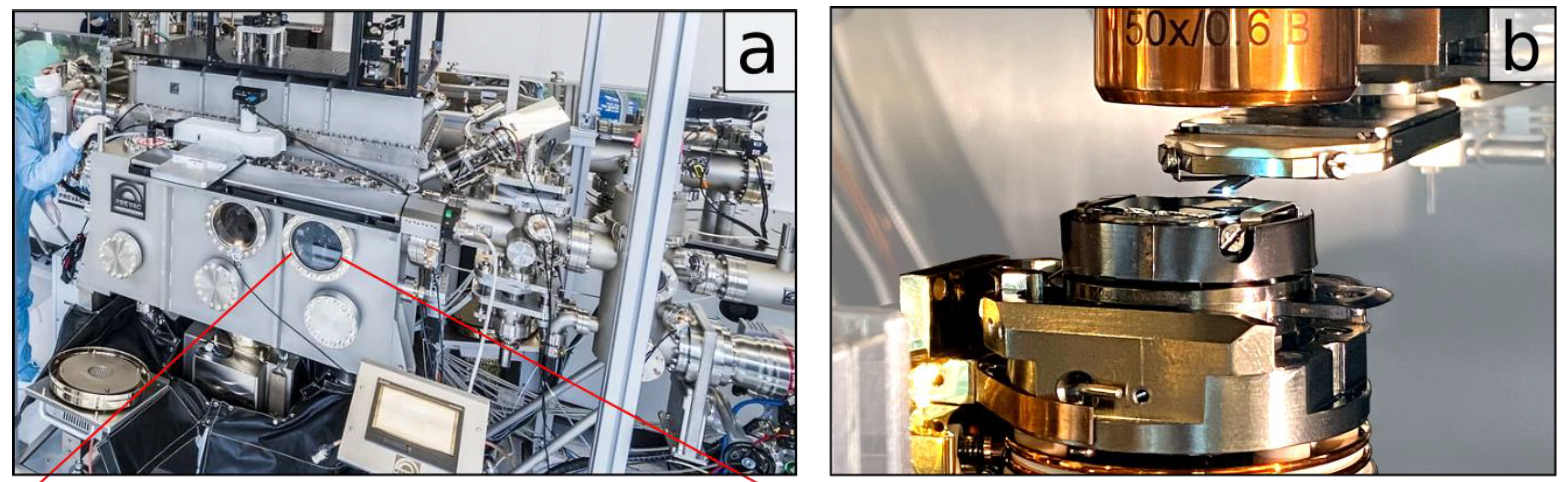 figures a and b show the prototype system working inside an ultra-high vacuum system (keeps samples extremely clean and avoids any contamination from humidity or oxygen)