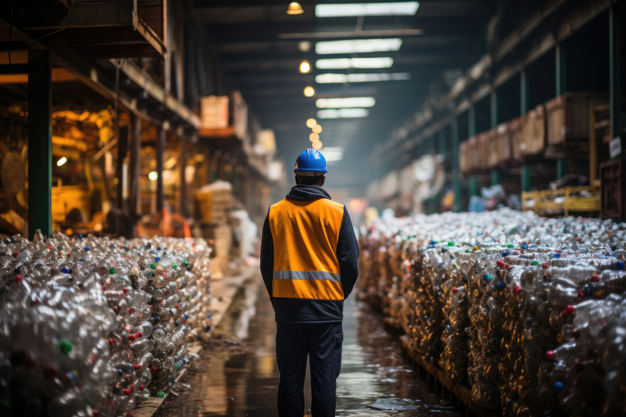 Engineer Standing and looking back The plastic bottle in the recycling industry