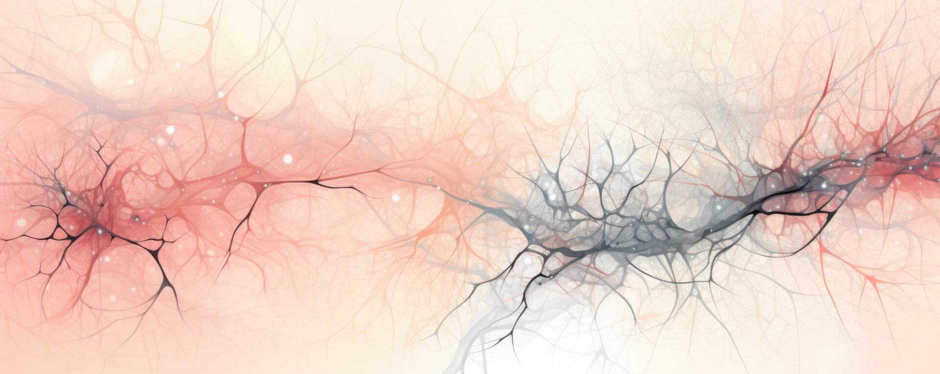 Wide panoramic view of minimalist stylised neurons interconnected, presented in soothing pastel pink tones
