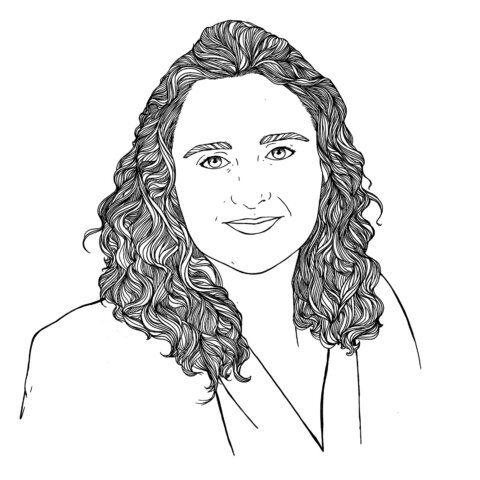 Line drawing illustration of woman with shoulder length curly hair: Rachel Newbery