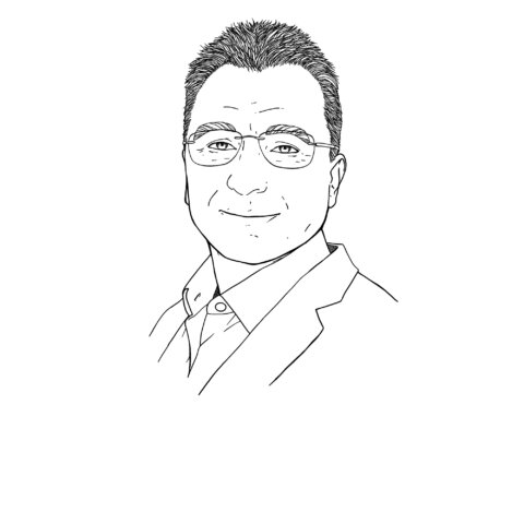 Line drawing illustration of man with short hair and glasses: Tibor Papp