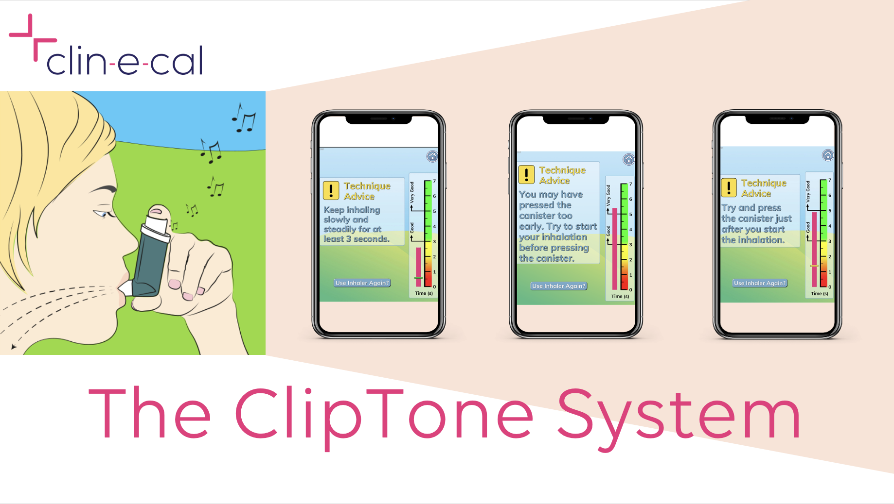 illustrated graphic showing ClipTone System (inhaler use and app)