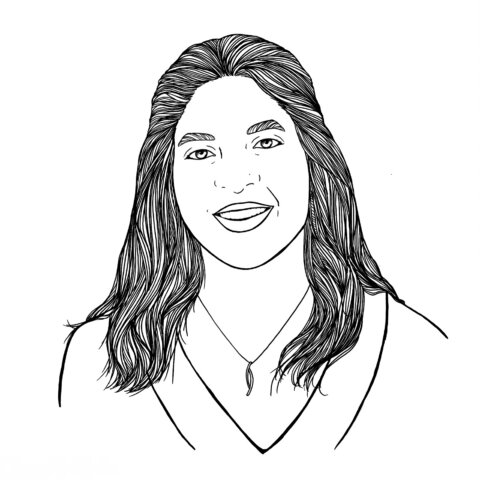 Line drawing illustration of woman with long brown hair: Shalini Bharel