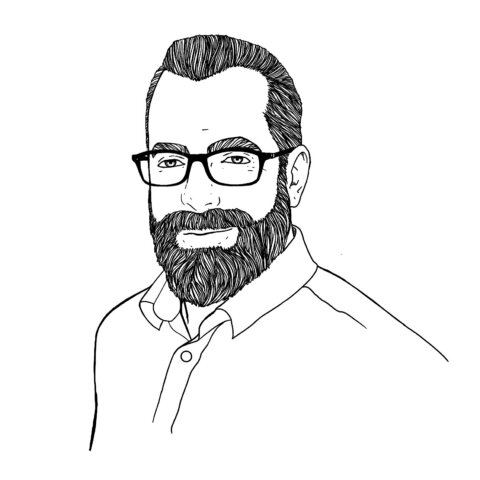 line drawing of man wearing glasses: John Van RIj