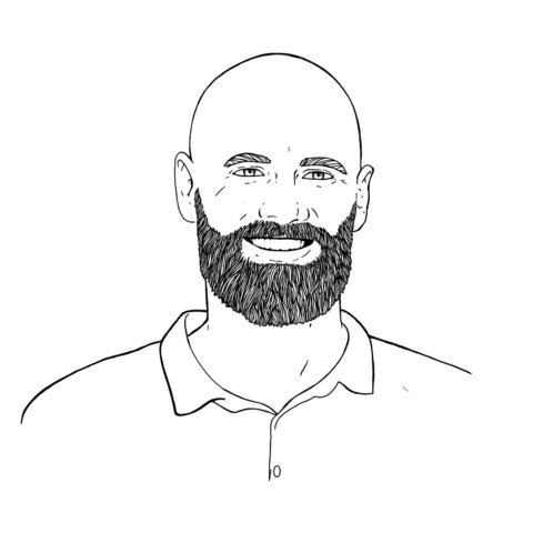 Line drawing of man in B&W : Nic Gowland