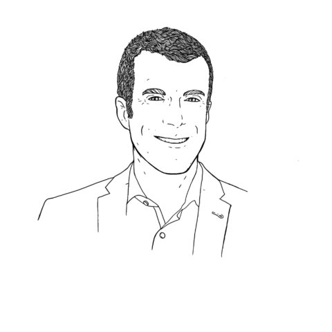 Line drawing illustration of man with short dark hair in a suit: Steve Ayres.