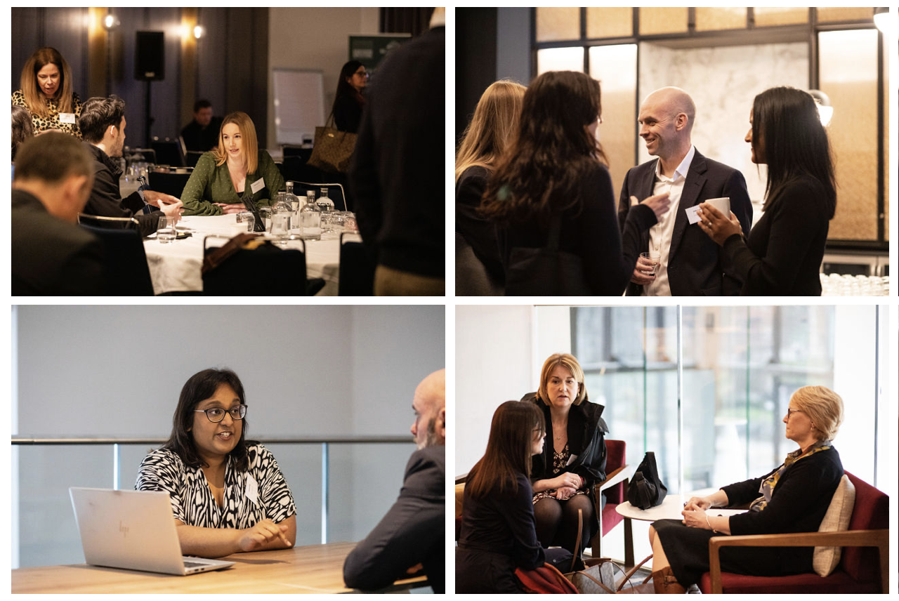 a collage of 4 images of people talking to each other at an event, networking.