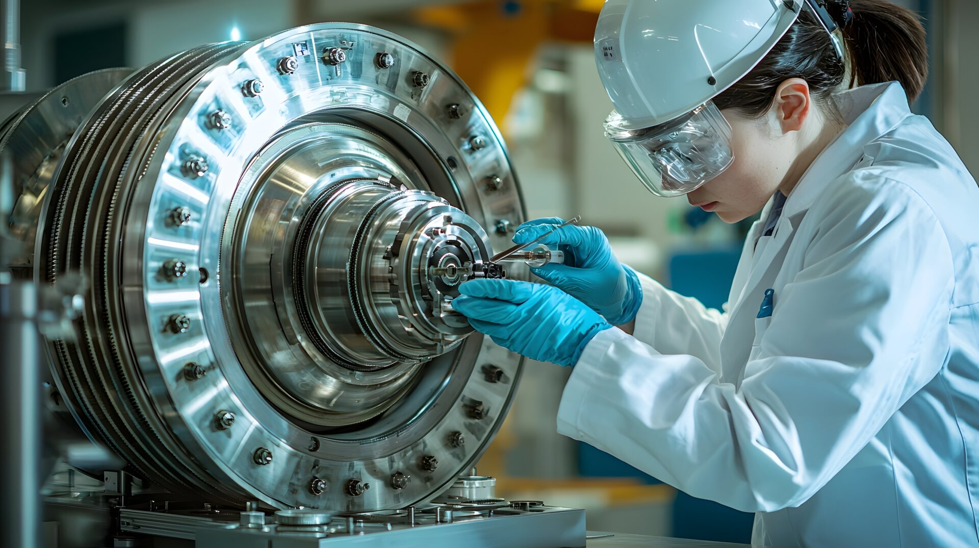female scientist attends to a machine -aerospace engineering lab