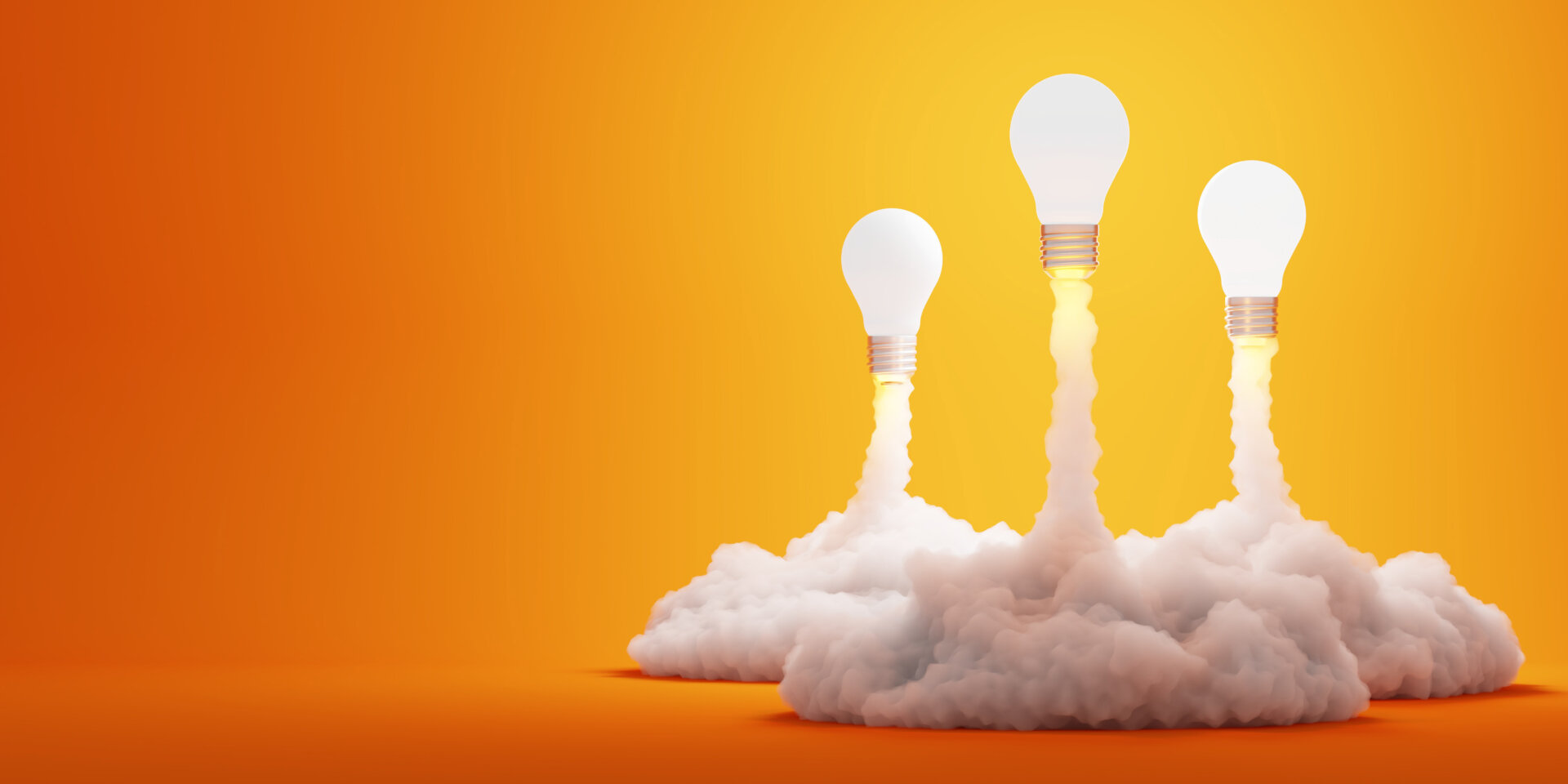there lightbulbs shooting up in to the sky like rockets on an orange background